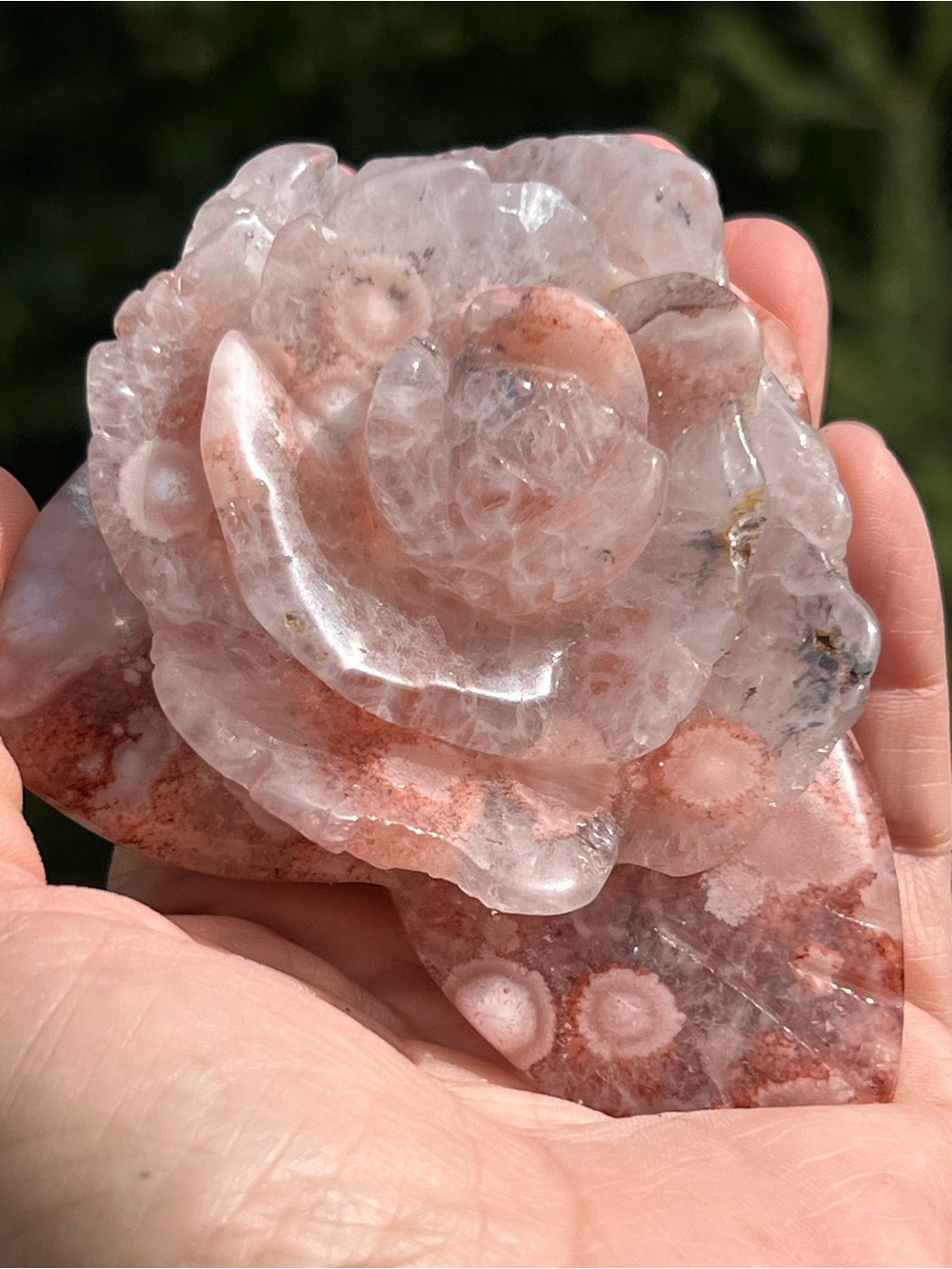 Pink (3) flower agate flower carving with stand | crystal
